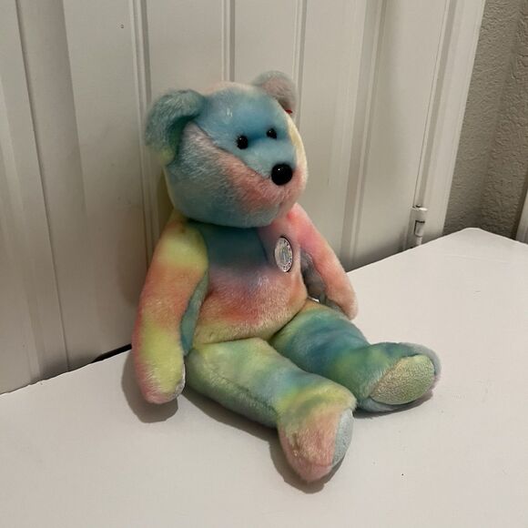 Ty Beanie Buddies Happy Birthday Bear Plush Tie Dye Pastel 14" Stuffed Toy 2001 - Picture 4 of 10